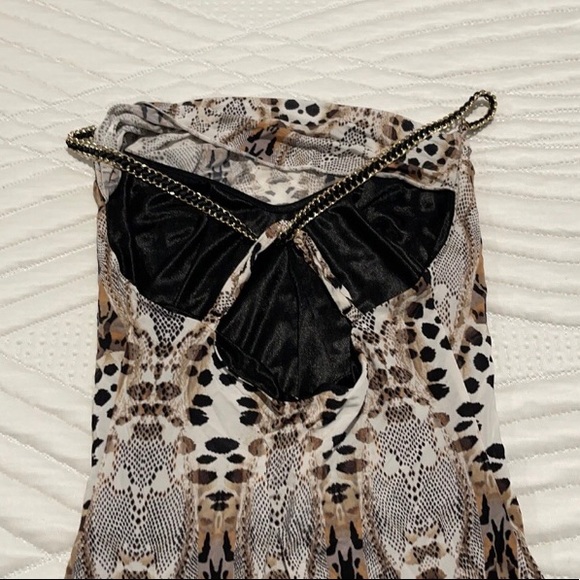 Bebe Snake Skin Print Mini Dress with Gold Chain Criss Cross Straps Cowl Neck - Picture 9 of 11